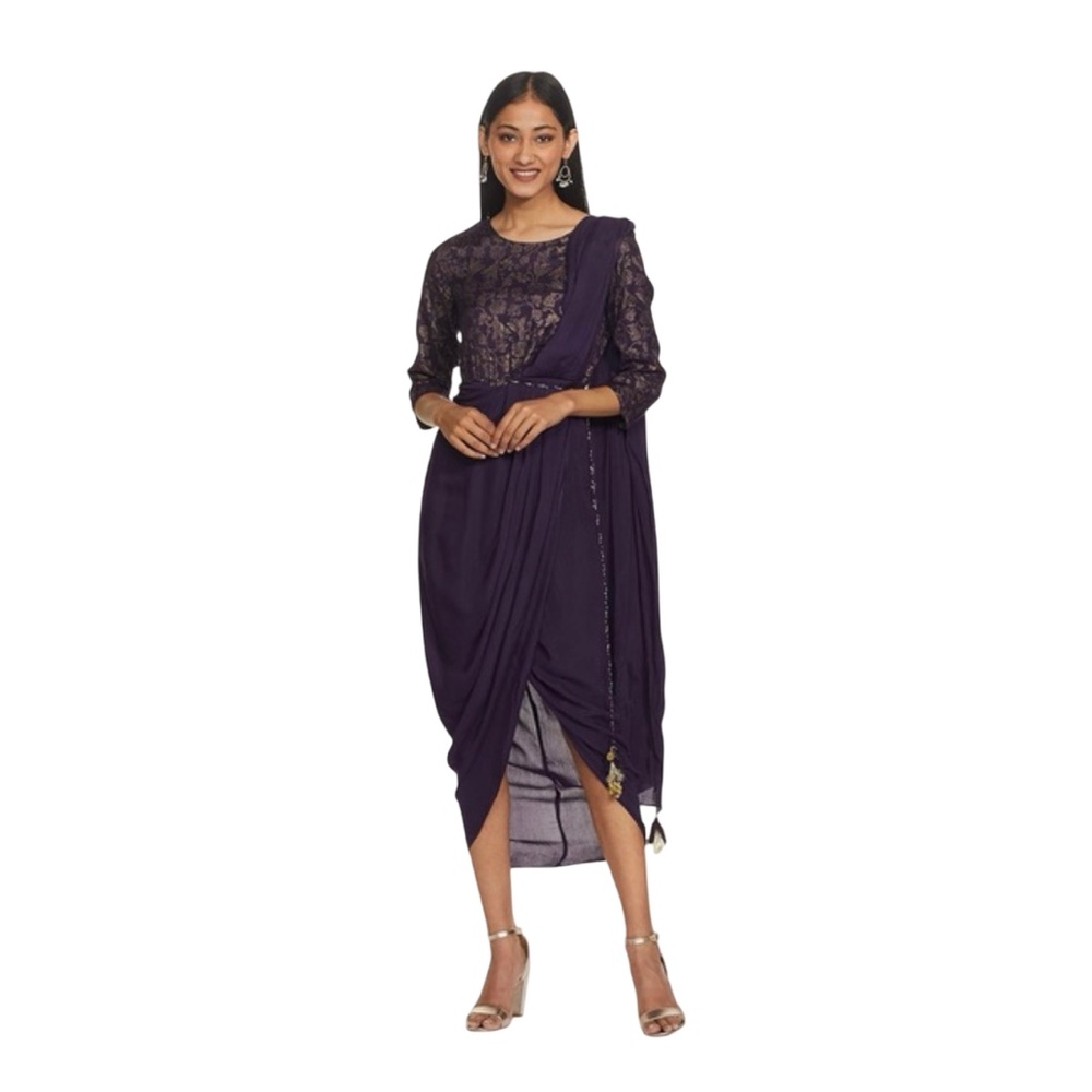Purple Floral Print Dhoti Saree Dress